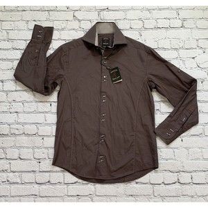 NWT Absolute Rebellion Men's S Slim Fit Brown Thick Stitch w Gingham Flip Cuff